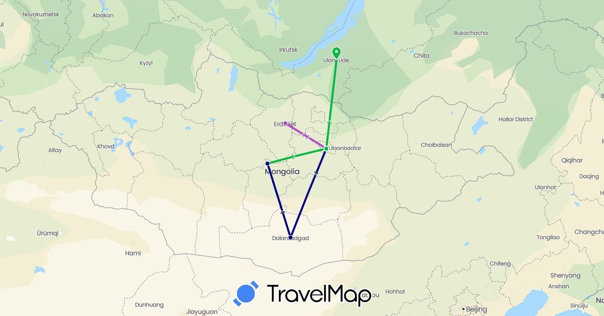 TravelMap itinerary: driving, bus, train in Mongolia, Russia (Asia, Europe)